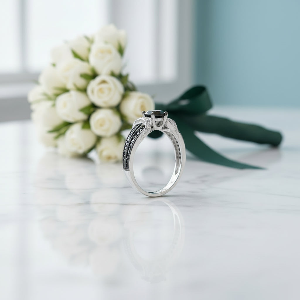 1.0 Ct Round Cut Black and White Diamond Engagement Ring-Evani Jewelry