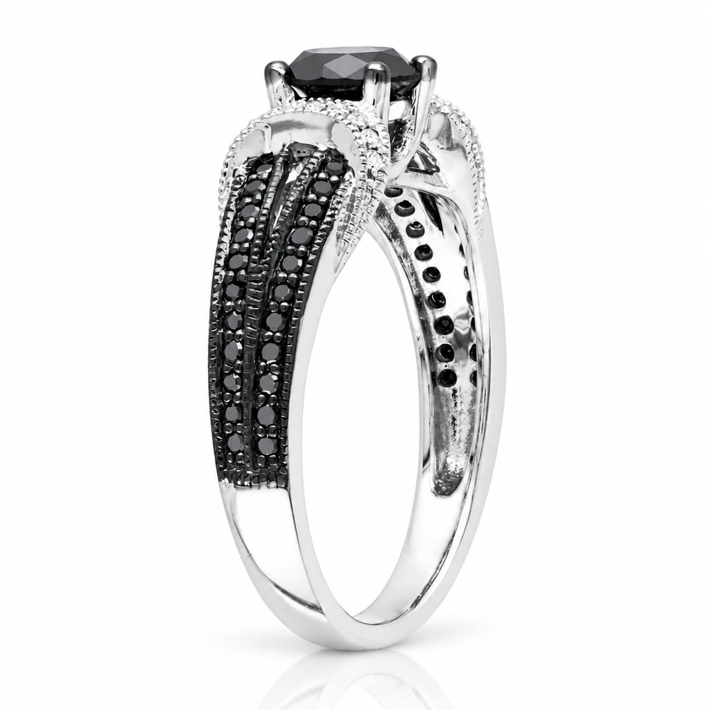 1.0 Ct Round Cut Black and White Diamond Engagement Ring-Evani Jewelry