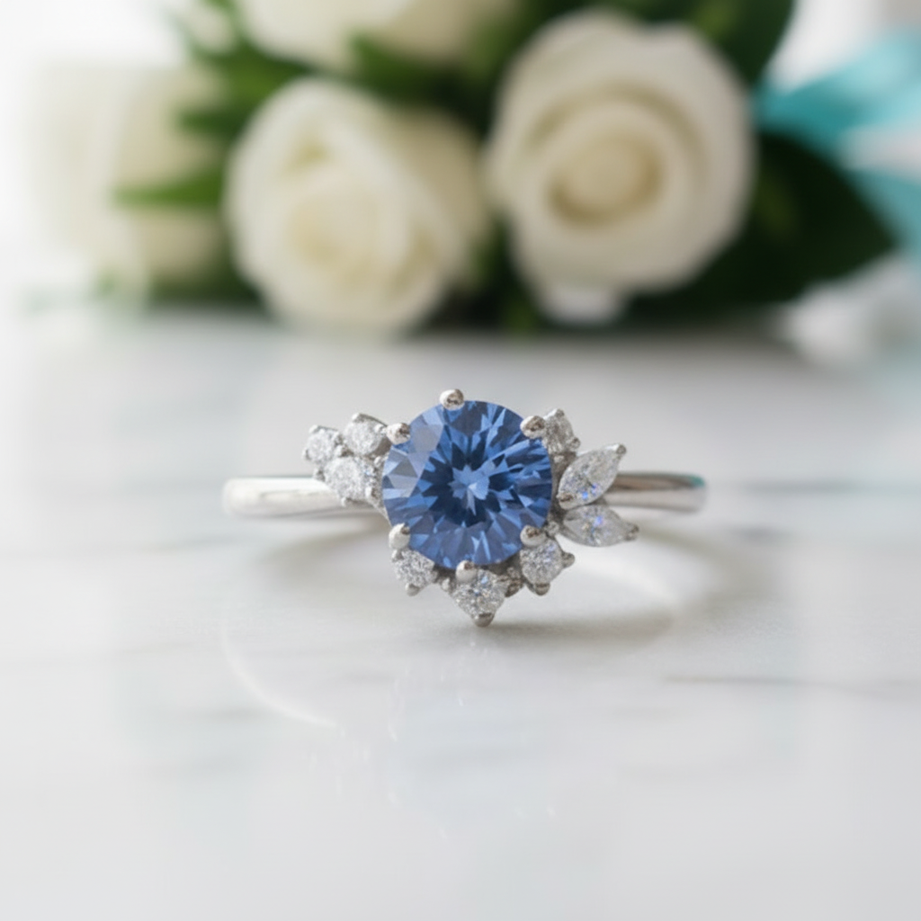 1.0 ct Blue Round cut Diamond Engagement Ring-Evani Jewelry