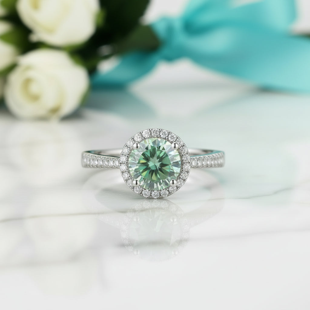 1.0 ct Round Green Diamond Halo Engagement Ring-Evani Jewelry