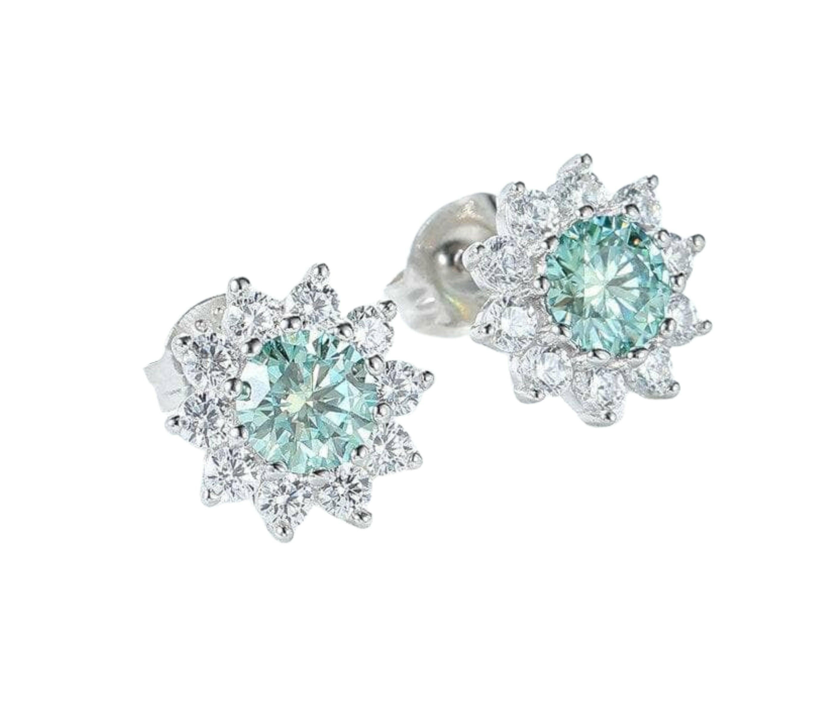 1.00 ct Blue-Green Diamond Flower Stud Earrings-Evani Naomi Jewelry