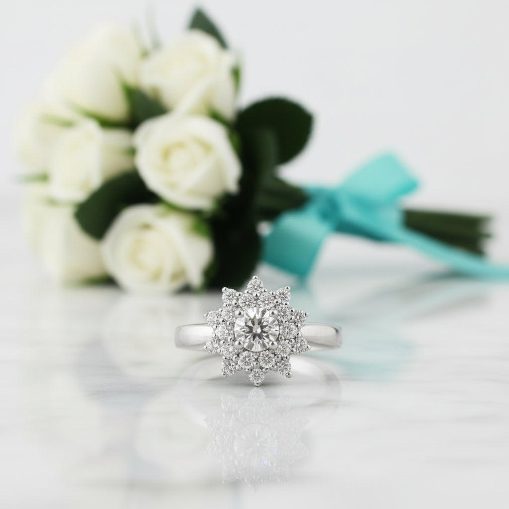 1.00 ct Round Brilliant Cut Diamond Flower Engagement Ring-Evani Jewelry