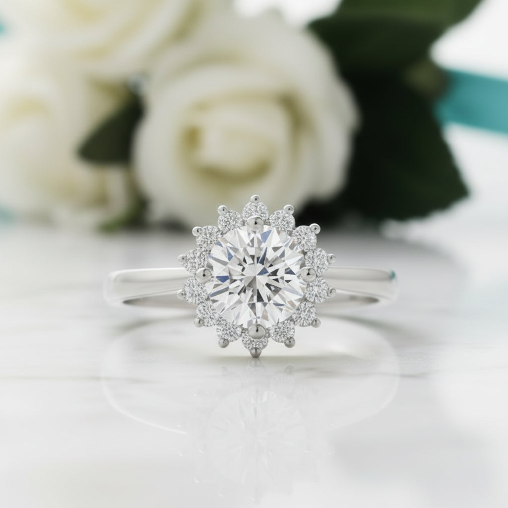 1.00 ct Sunflower Shaped Halo Diamond Engagement Ring-Evani Jewelry