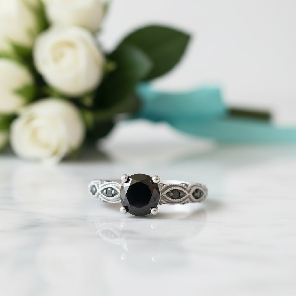 1.28 Ct Round Cut Black Diamond Engagement Ring-Evani Jewelry