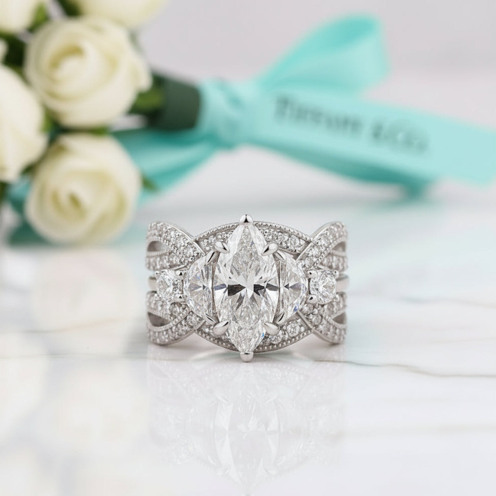 1.5 Ct Marquise Cut Diamond Insert Wedding Ring Set-Evani Jewelry