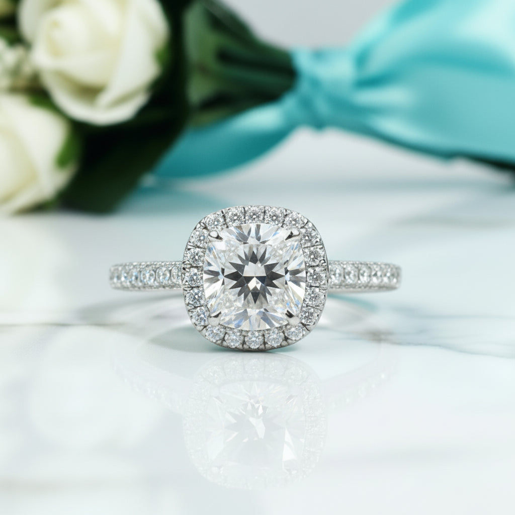 1.5ct 7mm Cushion Cut Diamond Halo Engagement Ring-Evani Jewelry