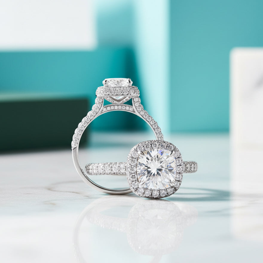 1.5ct 7mm Cushion Cut Diamond Halo Engagement Ring-Evani Jewelry