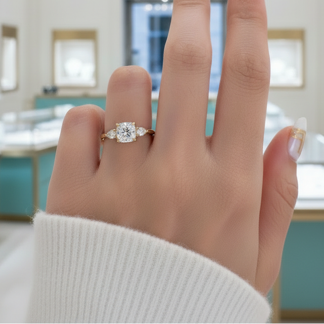 1.5ct Cushion Cut Three Stone Yellow Gold Diamond Engagement Ring-Evani Jewelry