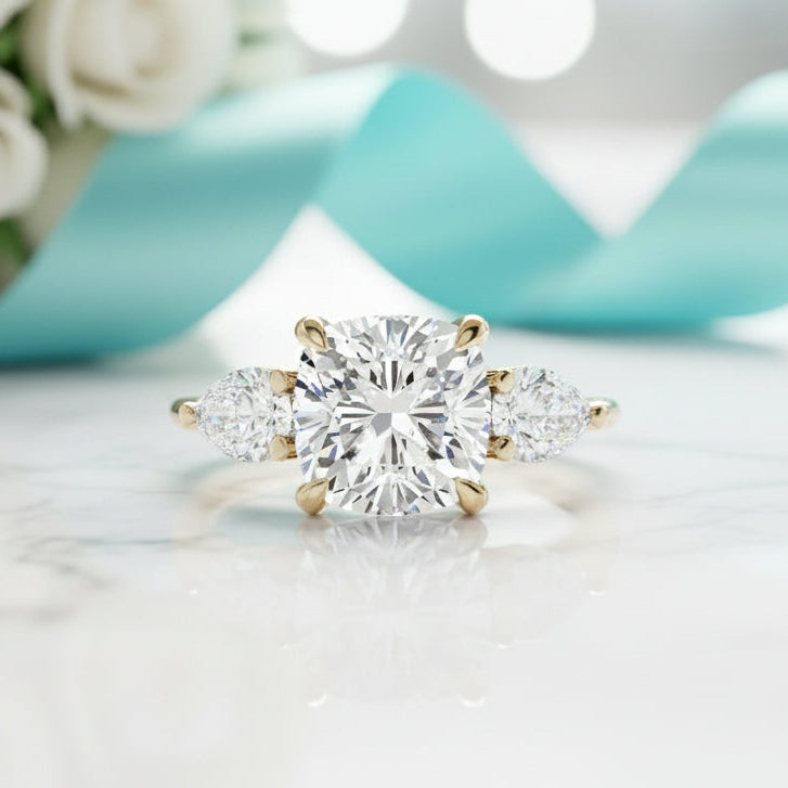 1.5ct Cushion Cut Three Stone Yellow Gold Diamond Engagement Ring-Evani Jewelry