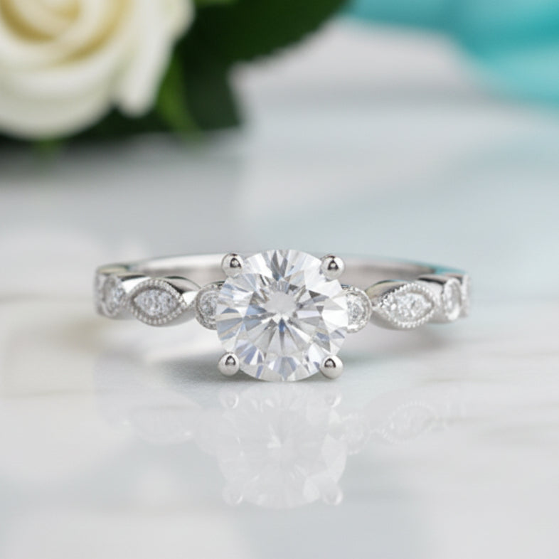 1ct 14K White Gold Antique Milgrain Diamond Engagement Ring-Evani Jewelry