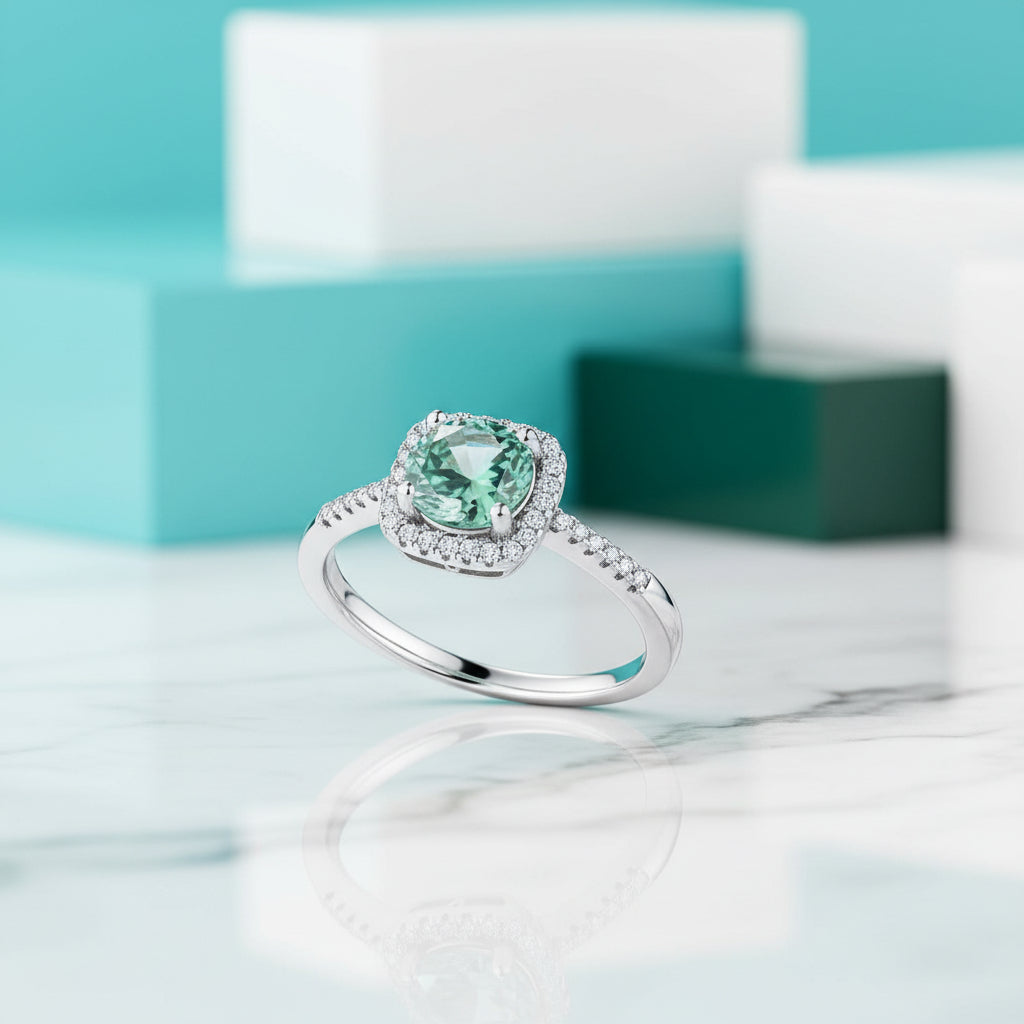 1ct Round Green Diamond Halo Engagement Ring-Evani Jewelry