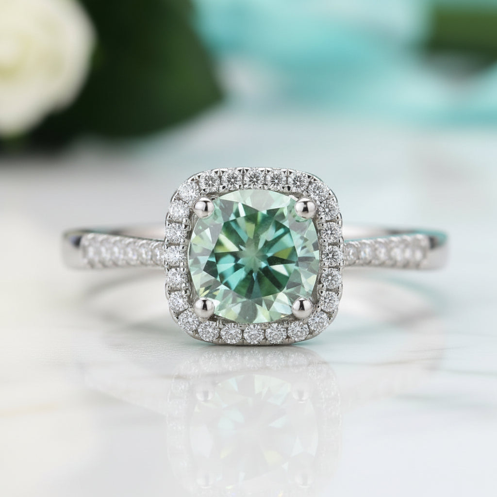 1ct Round Green Diamond Halo Engagement Ring-Evani Jewelry