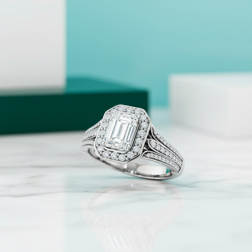 2.0 Ct Emerald-Cut Diamond Triple Pave Bezel Halo Engagement Ring-Evani Jewelry