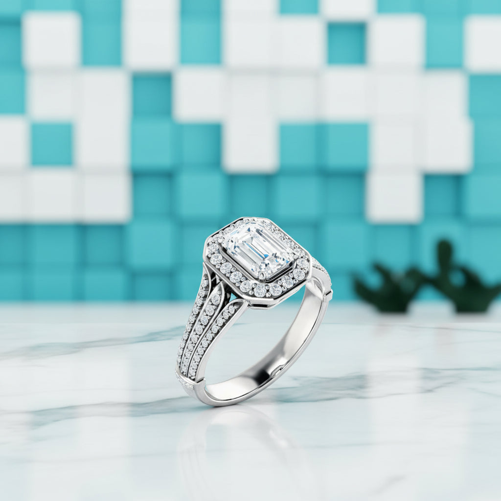 2.0 Ct Emerald-Cut Diamond Triple Pave Bezel Halo Engagement Ring-Evani Jewelry