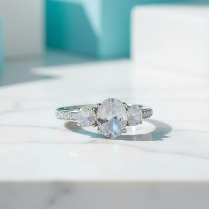 2.0 Ct Oval Cut Three Stone Moonstone Engagement Ring-Evani Jewelry