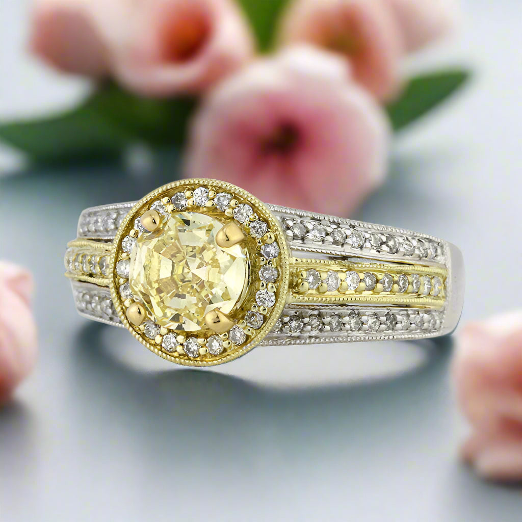 2.00 ct Fancy Yellow Round Cut Diamond Two Tone 14k Gold Engagement-Evani Naomi Jewelry