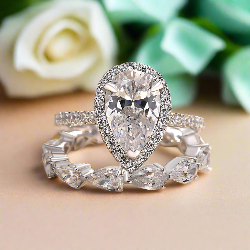 2.2 Ct Halo Pear Cut Wedding Ring Set-Evani Naomi Jewelry