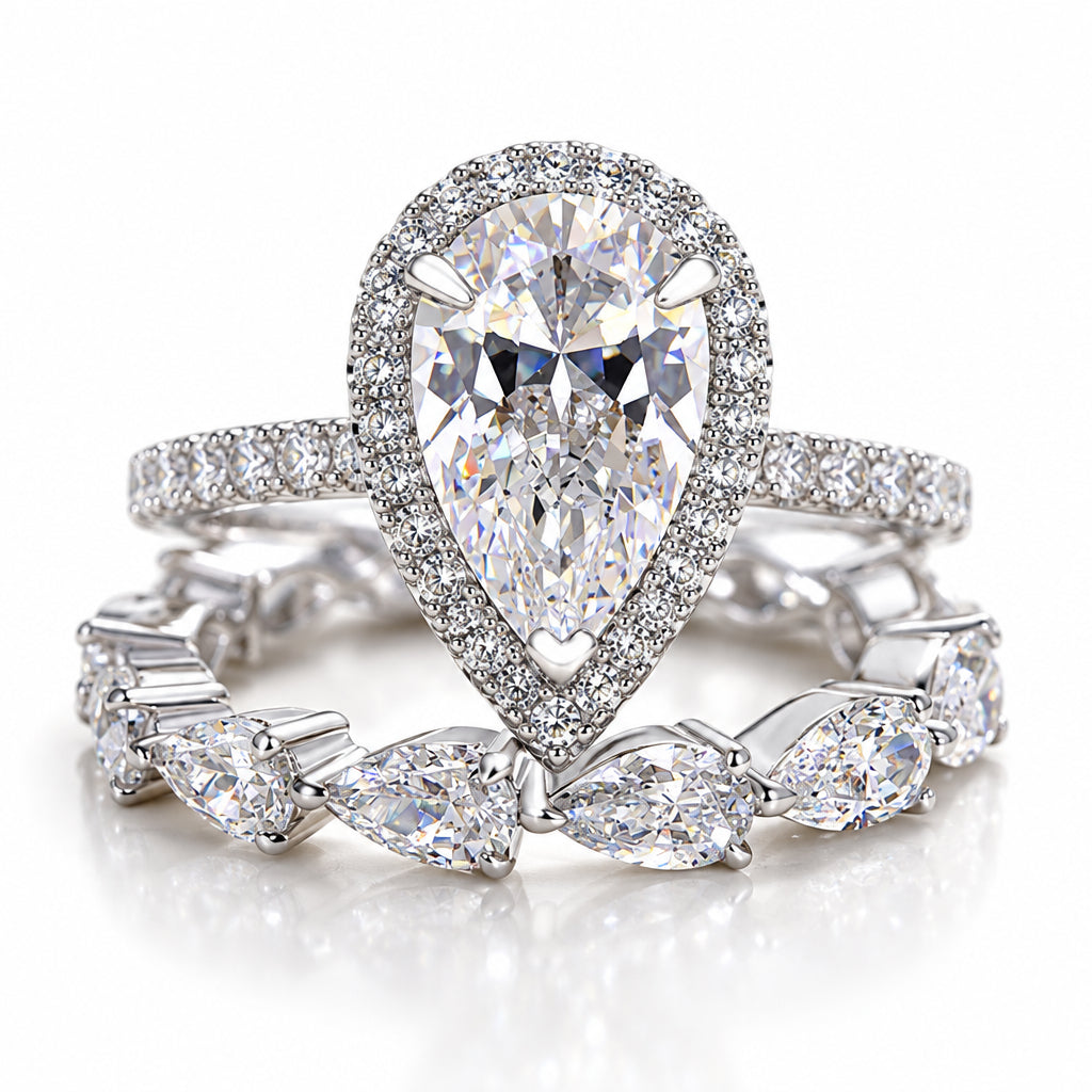 2.2 Ct Halo Pear Cut Diamond Birthstone Wedding Ring Set-Evani Jewelry