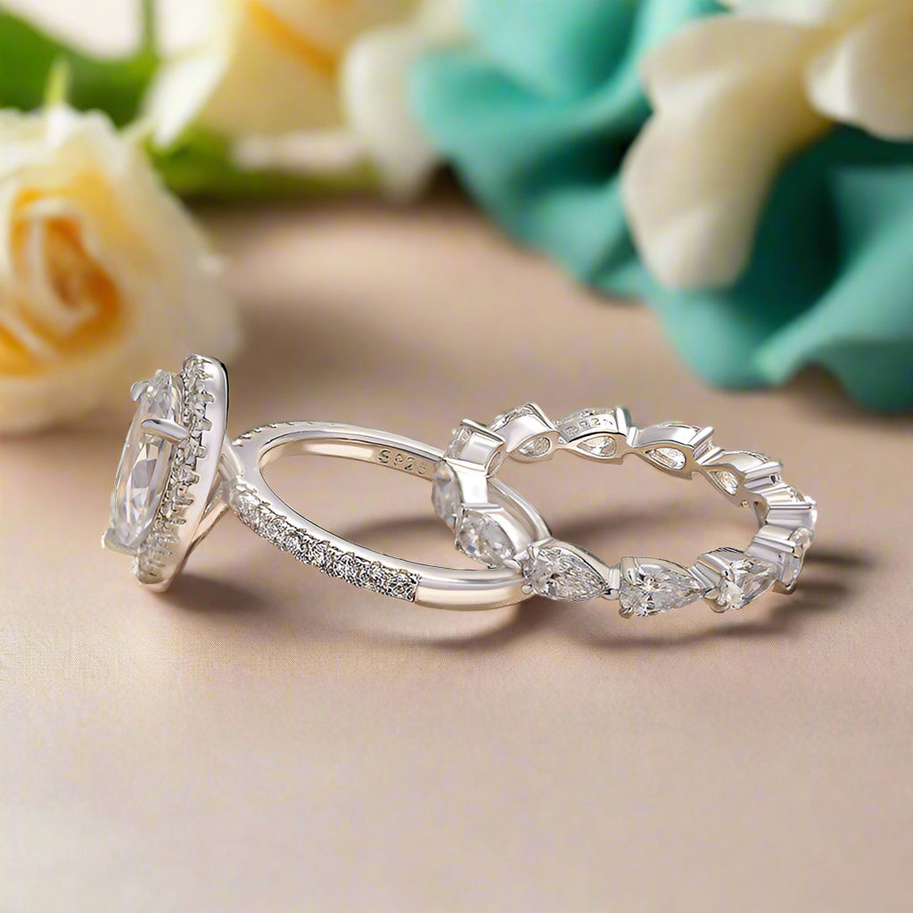 2.2 Ct Halo Pear Cut Wedding Ring Set-Evani Naomi Jewelry