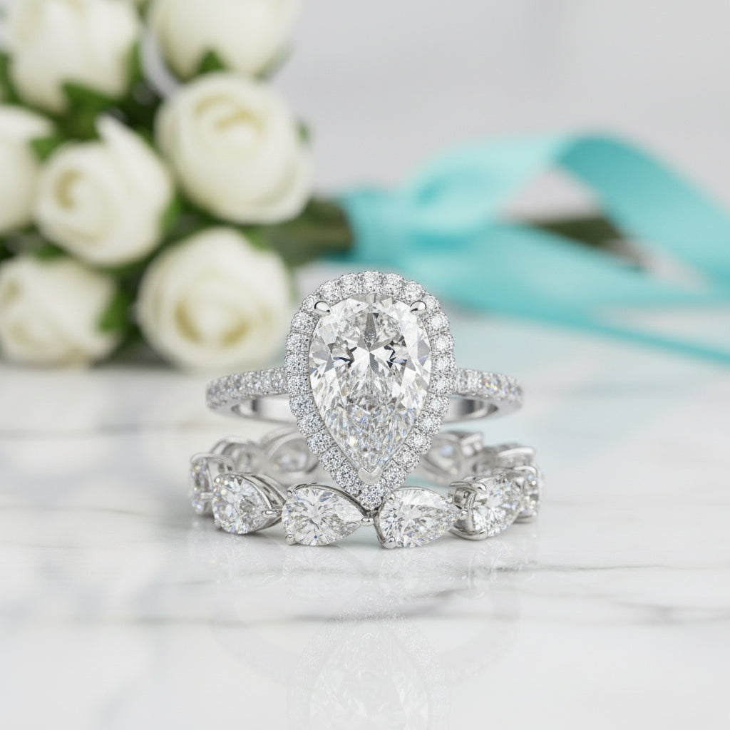 2.2 Ct Halo Pear Cut Diamond Birthstone Wedding Ring Set-Evani Jewelry