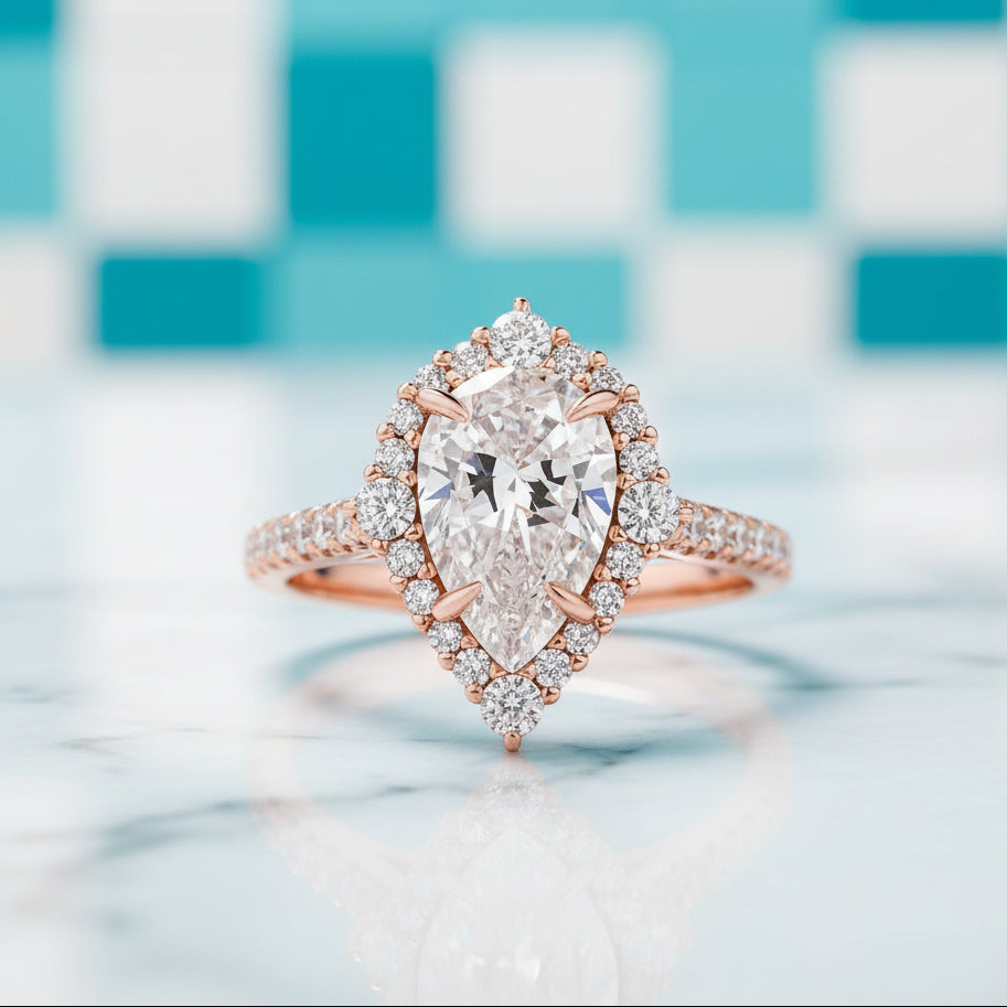 2.2 ct Pear-Cut Diamond Rose Gold Halo Bridal Ring Set-Evani Jewelry