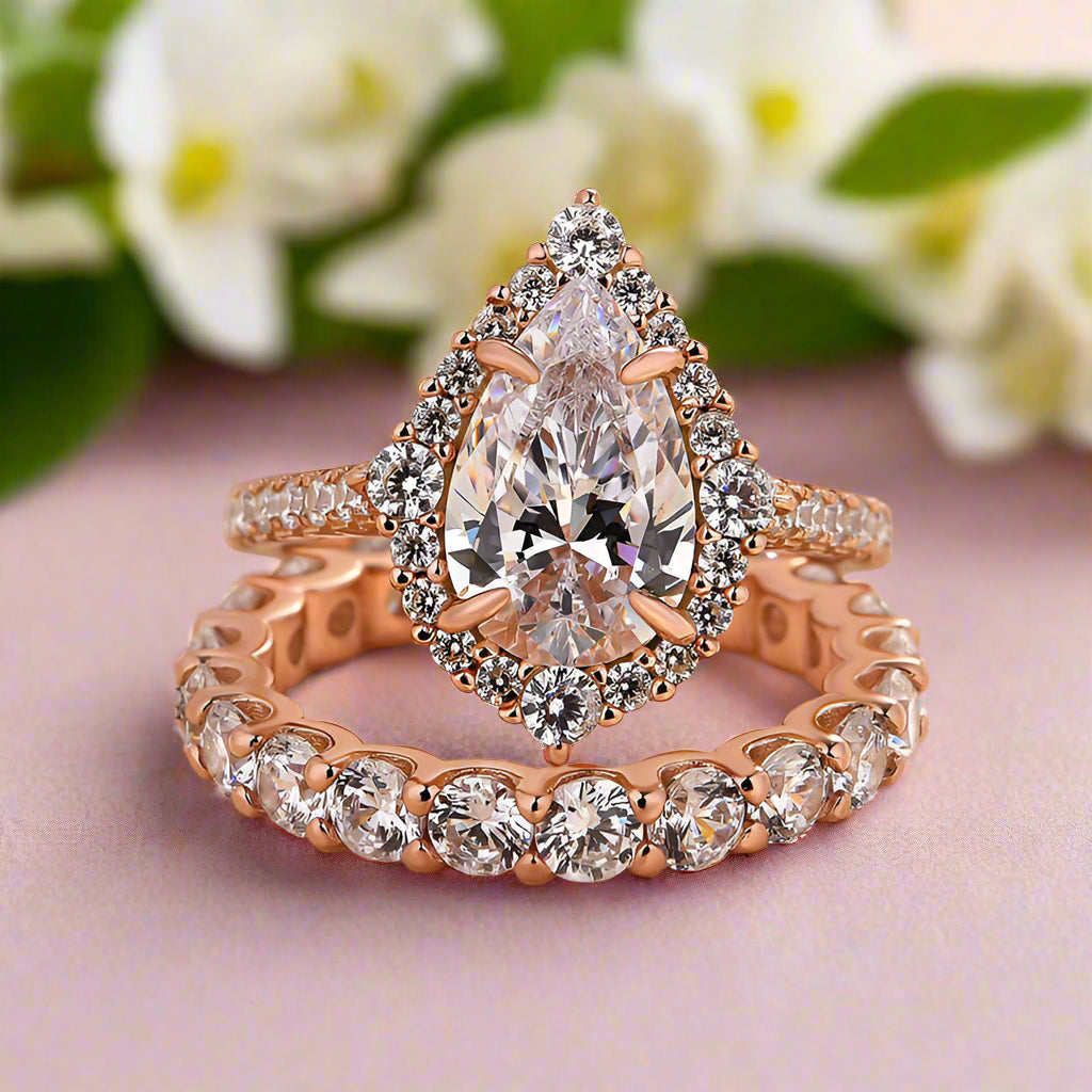 2.2 ct Pear-Cut Rose Gold Halo Bridal Ring Set-Evani Naomi Jewelry