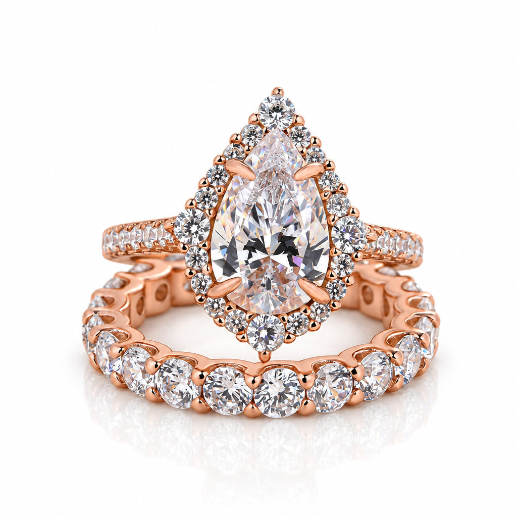 2.2 ct Pear-Cut Diamond Rose Gold Halo Bridal Ring Set-Evani Jewelry