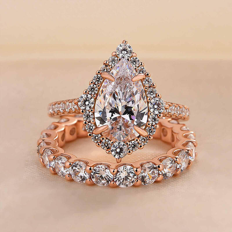 2.2 ct Pear-Cut Rose Gold Halo Bridal Ring Set-Evani Naomi Jewelry