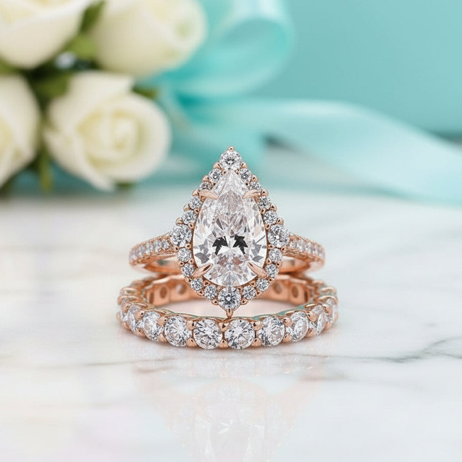 2.2 ct Pear-Cut Diamond Rose Gold Halo Bridal Ring Set-Evani Jewelry
