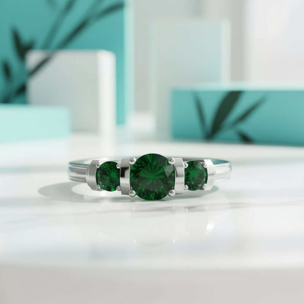 2.4 Ct Round Cut Three Stone Emerald Bar Engagement Ring-Evani Jewelry