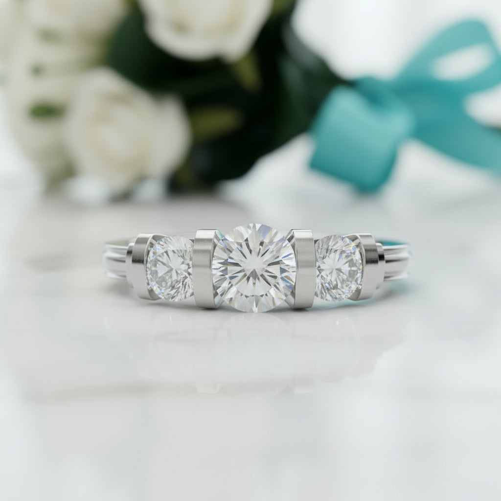 2.4 Ct Round Cut Three Stone Diamond Bar Engagement Ring-Evani Jewelry