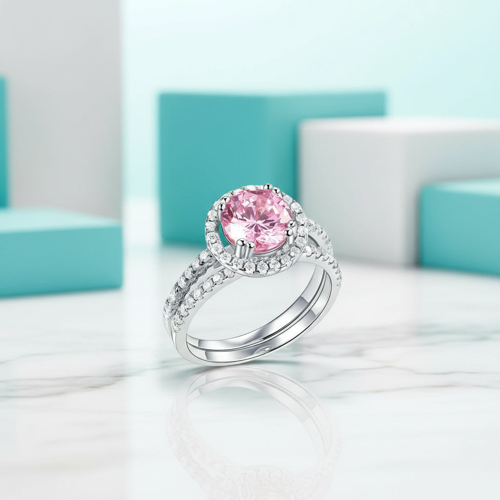 2.60 ct Round-cut Tourmaline Birthstone Halo Bridal Set-Evani Jewelry