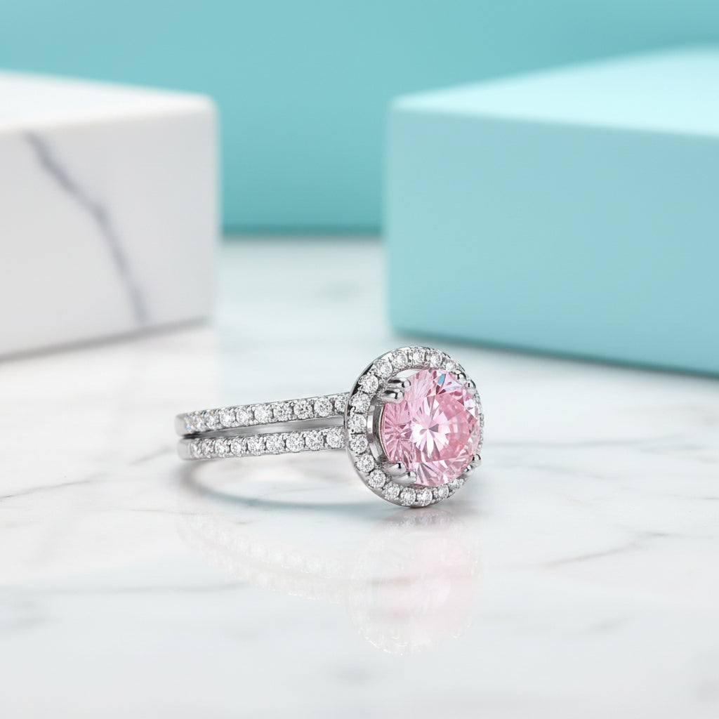 2.60 ct Round-cut Tourmaline Birthstone Halo Bridal Set-Evani Jewelry