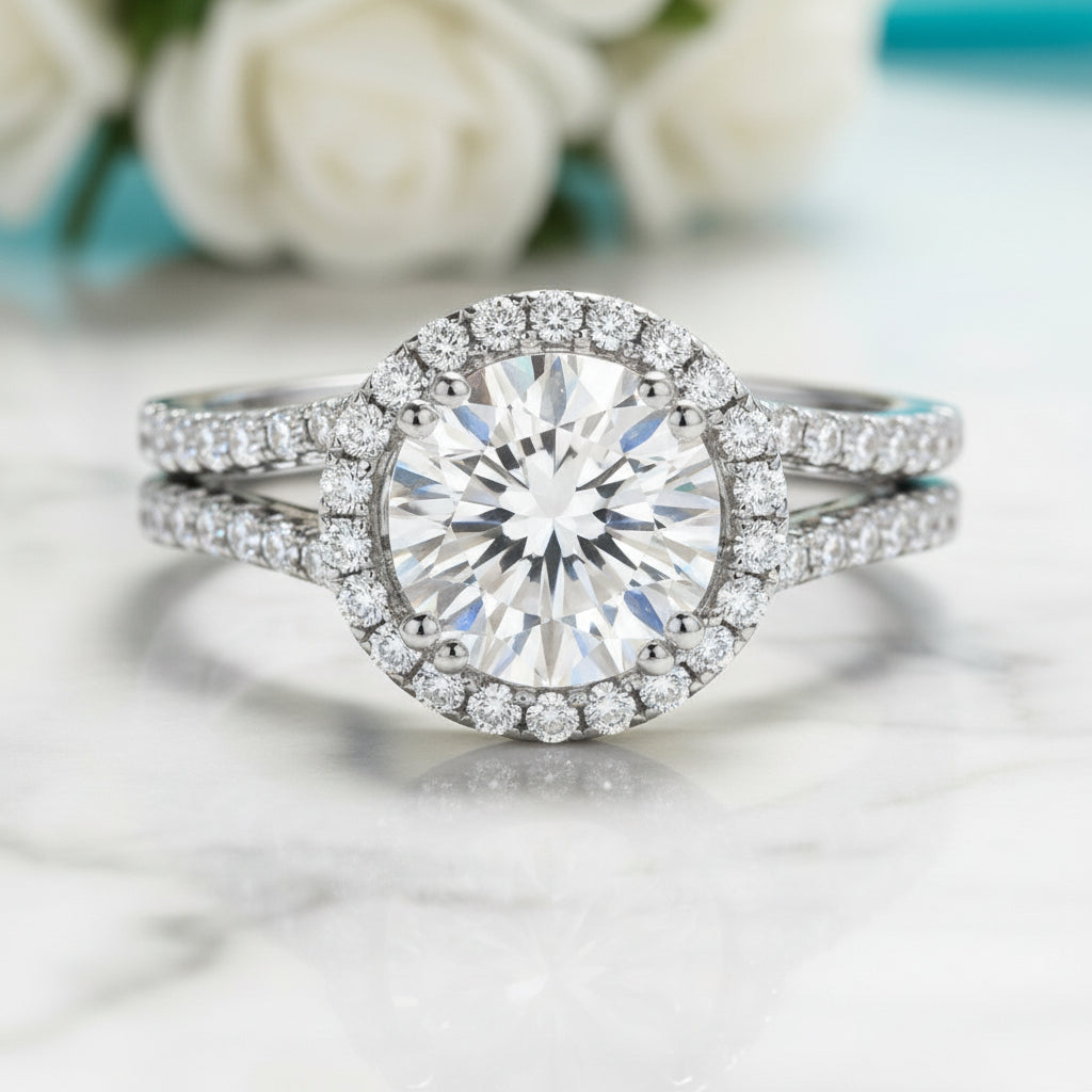 2.60 ct Round-cut Diamond Birthstone Halo Bridal Set-Evani Jewelry