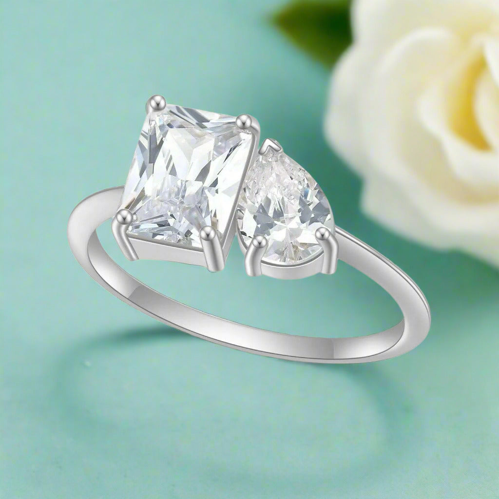 2.8 Ctw Emerald & Pear Cut Diamond Engagement Ring-Evani Naomi Jewelry