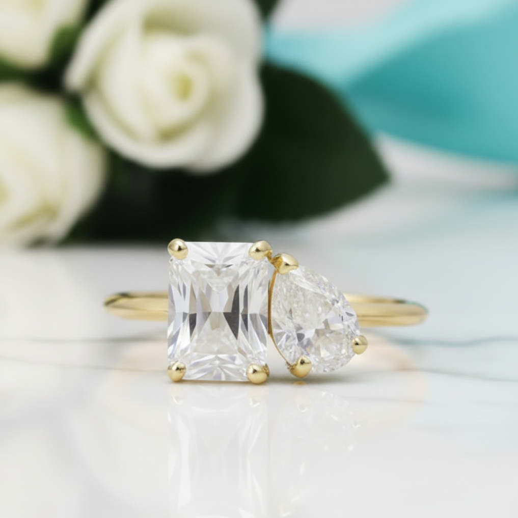 2.8 Ctw Emerald & Pear Cut Diamond Engagement Ring-Evani Jewelry