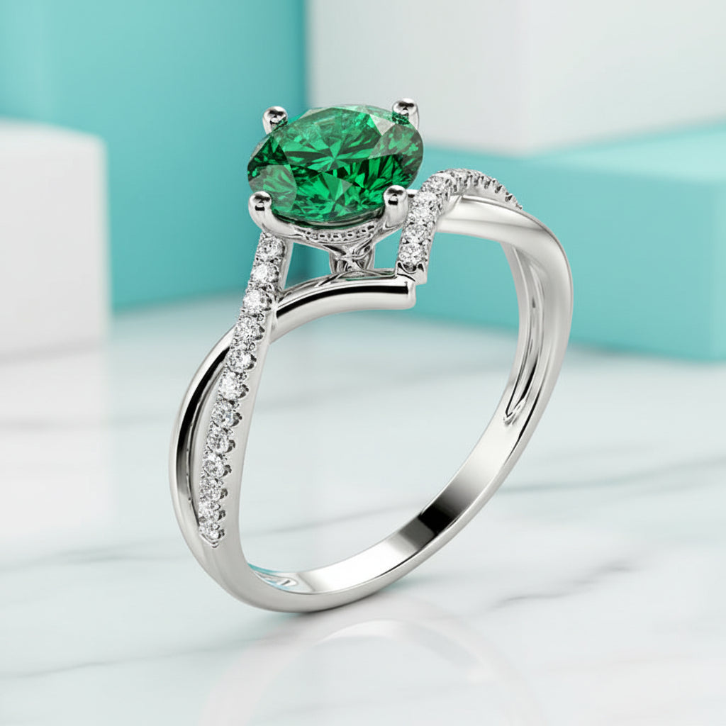 3.0 Ct Round Cut Emerald Twisted Bypass Pave Engagement Ring-Evani Jewelry