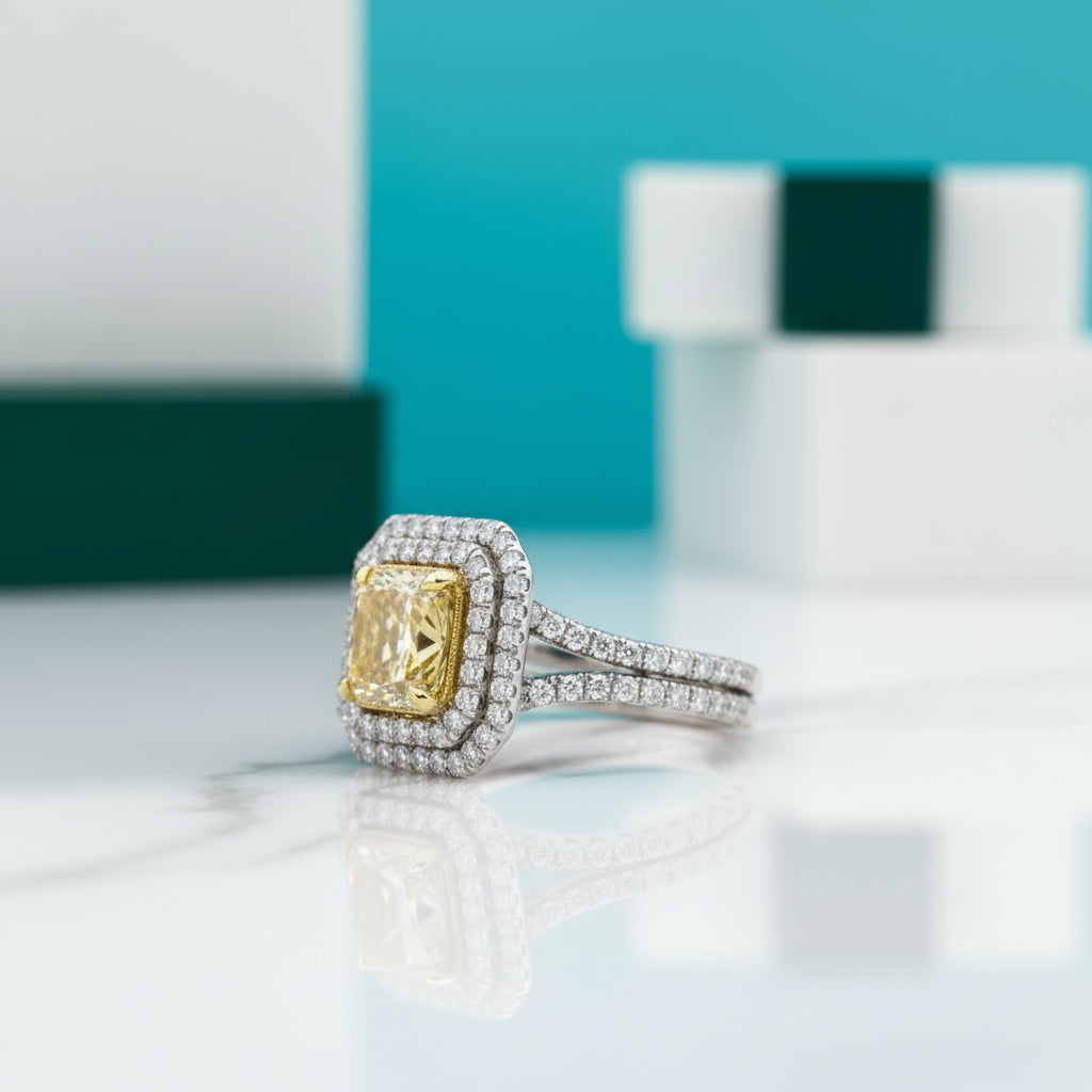 3.0 ct Fancy Yellow Radiant Cut Diamond Double Halo Engagement Ring-Evani Jewelry