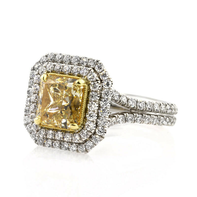 3.0 ct Fancy Yellow Radiant Cut Diamond Double Halo Engagement Ring-Evani Naomi Jewelry