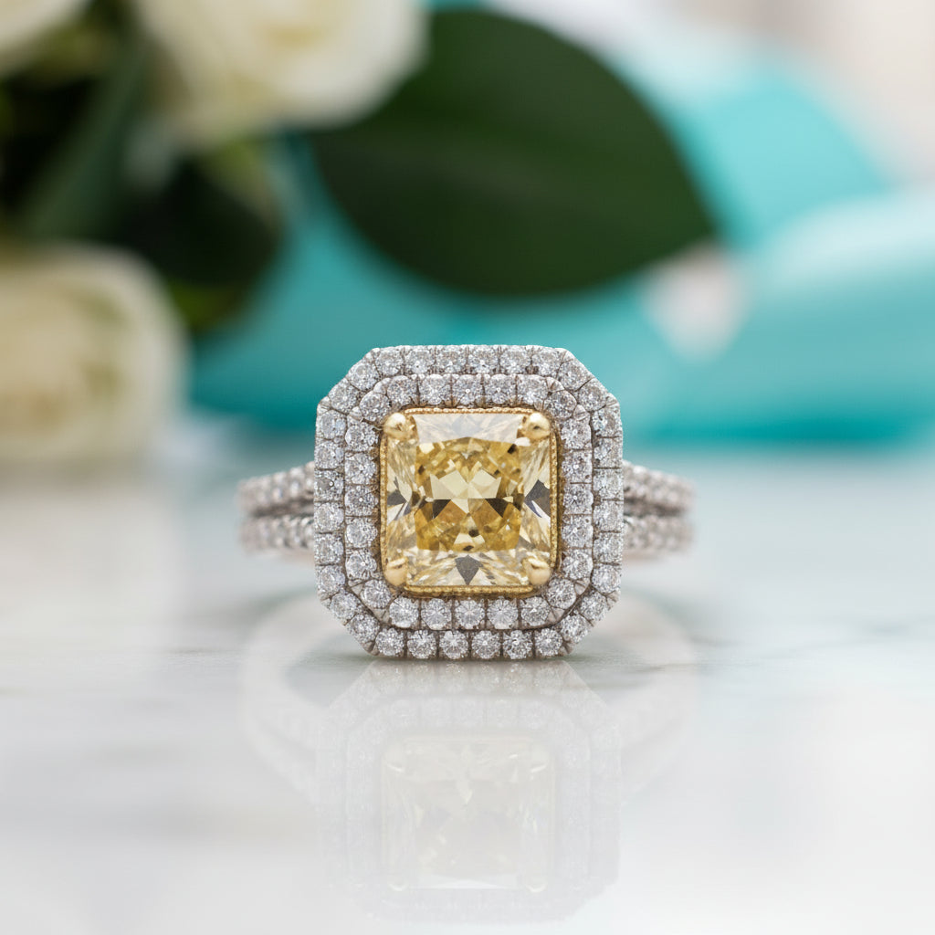 3.0 ct Fancy Yellow Radiant Cut Diamond Double Halo Engagement Ring-Evani Jewelry