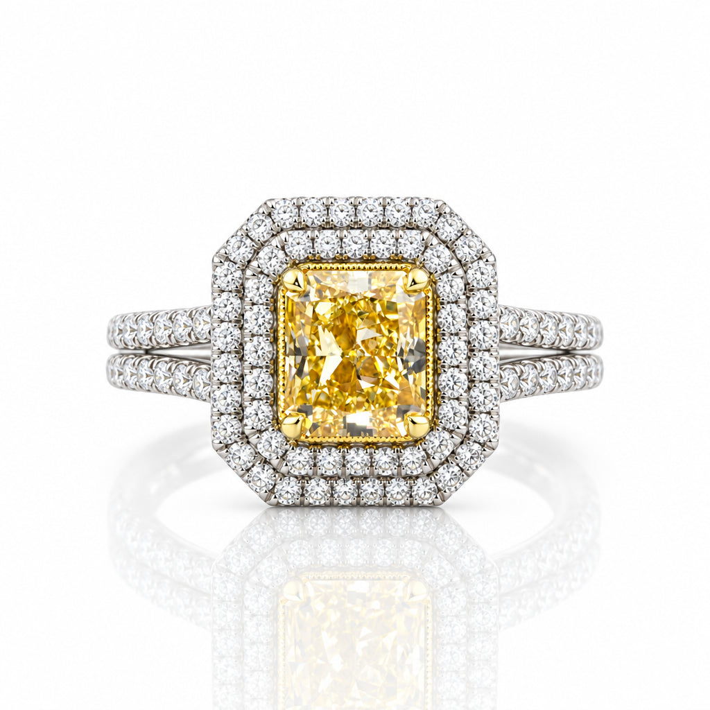 3.0 ct Fancy Yellow Radiant Cut Diamond Option Double Halo Engagement Ring
