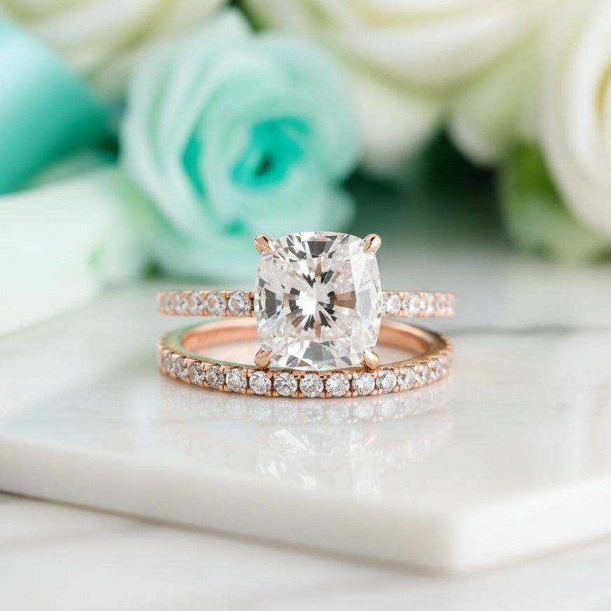 3.0ct Cushion Cut Rose Gold Diamond Wedding Ring Set-Evani Jewelry