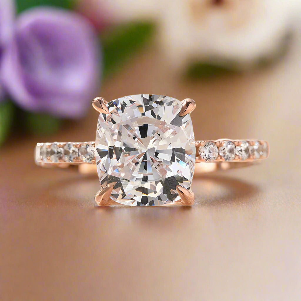3.0ct Cushion Cut Rose Gold Diamond Wedding Ring Set-Evani Naomi Jewelry