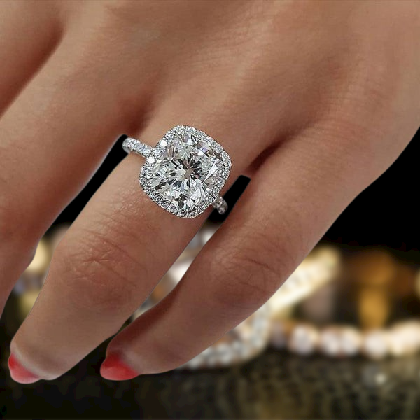 3.2 Ct Cushion Cut Halo Diamond Engagement Ring-Evani Jewelry