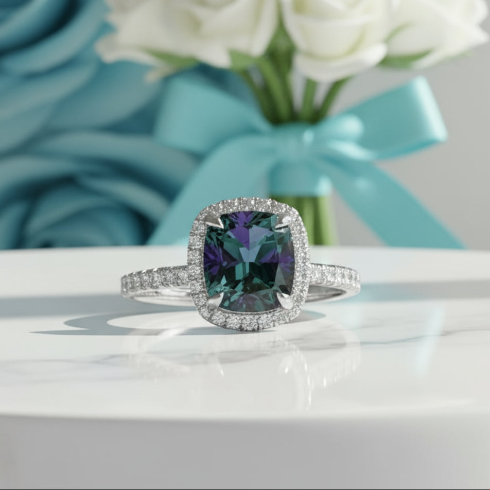 3.50 ct Cushion Cut Diamond Halo Engagement Ring-Evani Naomi Jewelry