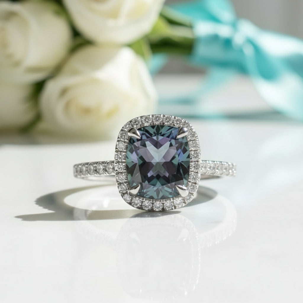 3.50 ct Cushion Cut Diamond Halo Engagement Ring-Evani Naomi Jewelry