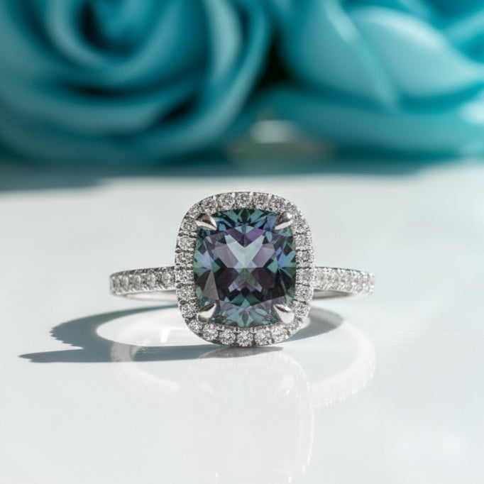 3.50 ct Cushion Cut Diamond Halo Engagement Ring-Evani Naomi Jewelry