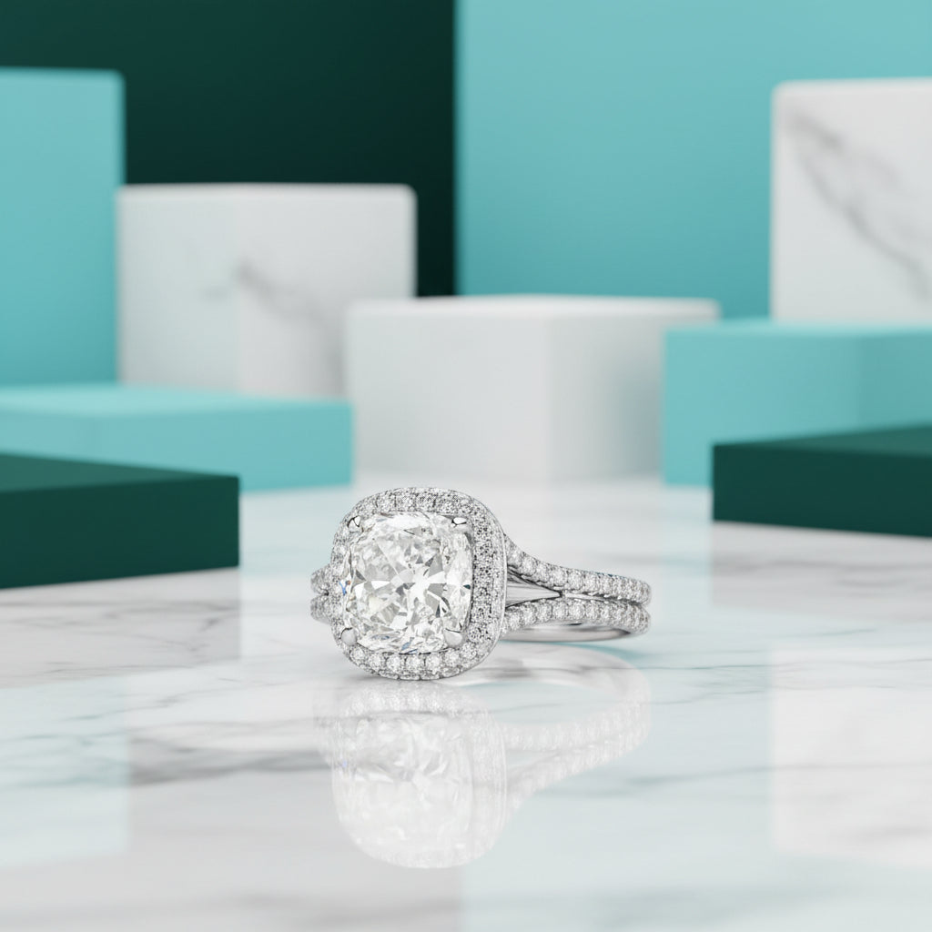 3.50 ct Cushion Cut Halo Diamond Double Band Engagement Ring-Evani Jewelry