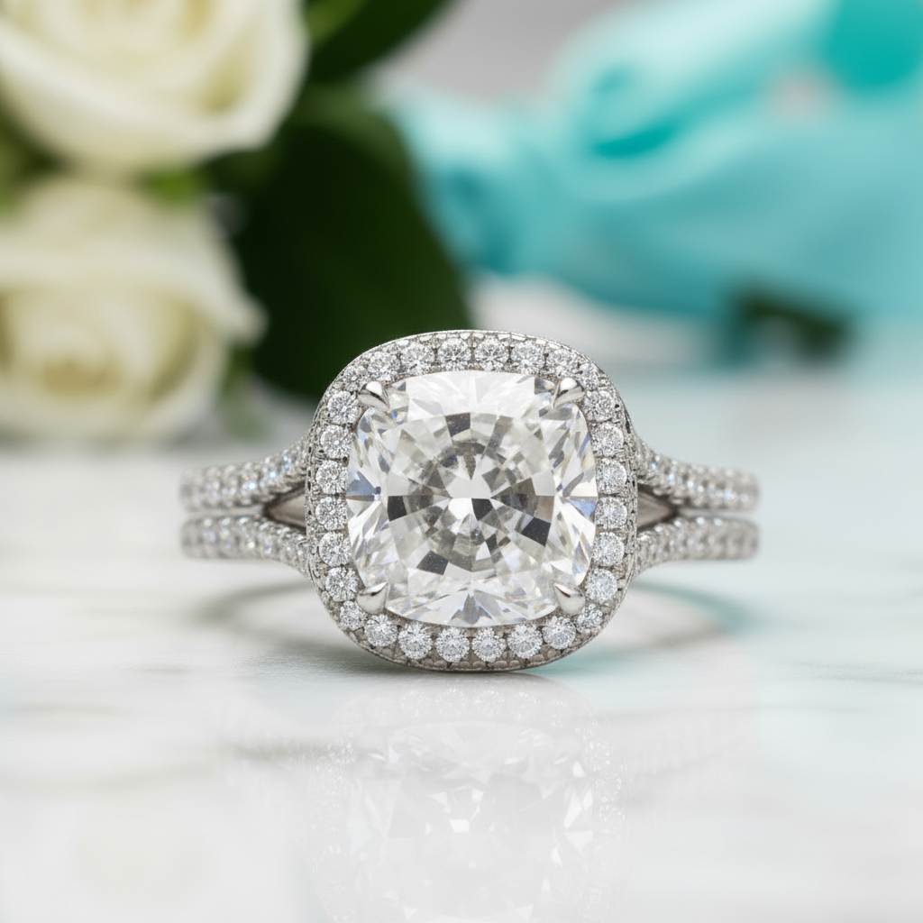 3.50 ct Cushion Cut Halo Diamond Double Band Engagement Ring-Evani Jewelry