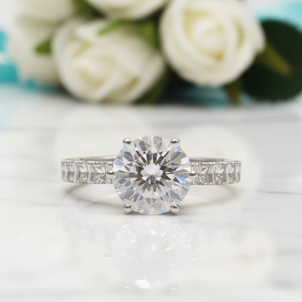 3ct Perfect Round Cut Diamond Square Arm Engagement Ring-Evani Jewelry
